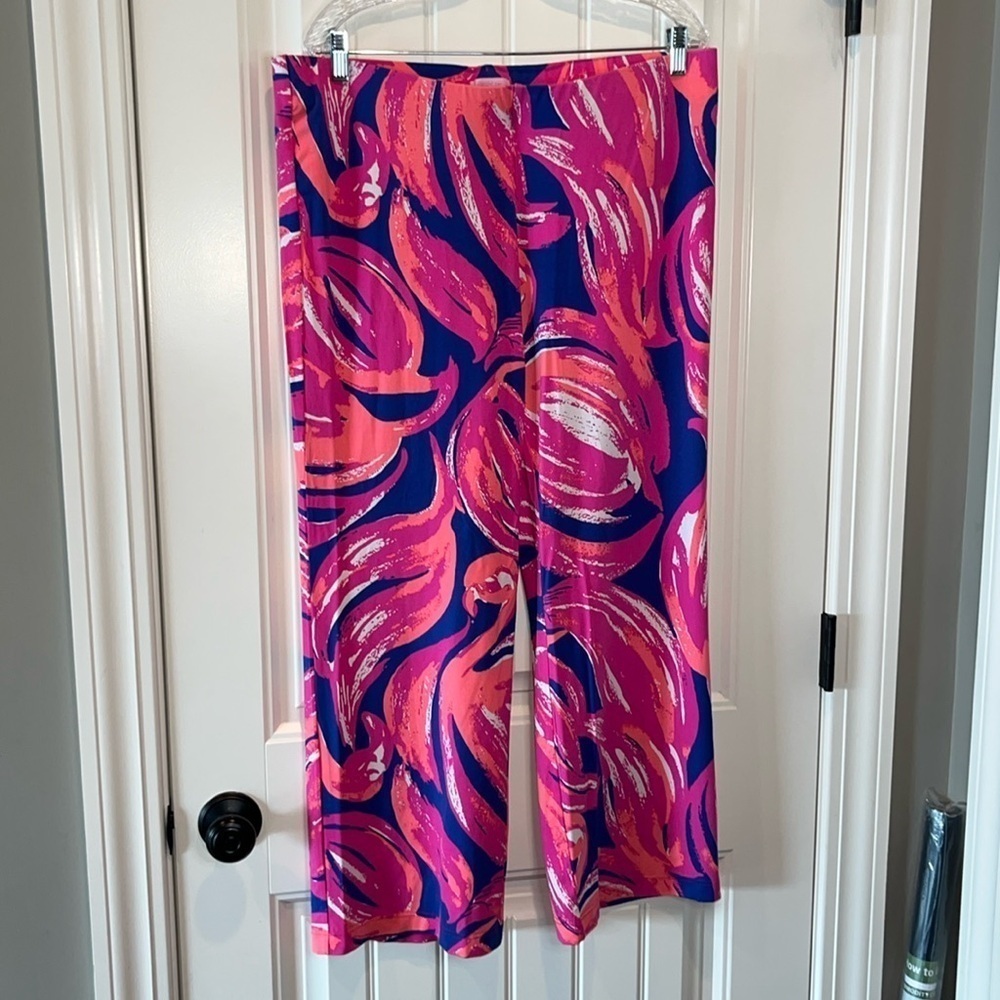 Lilly Pulitzer Bomber Blue Plume Bloom Georgia May palazzo pants XL HEMMED